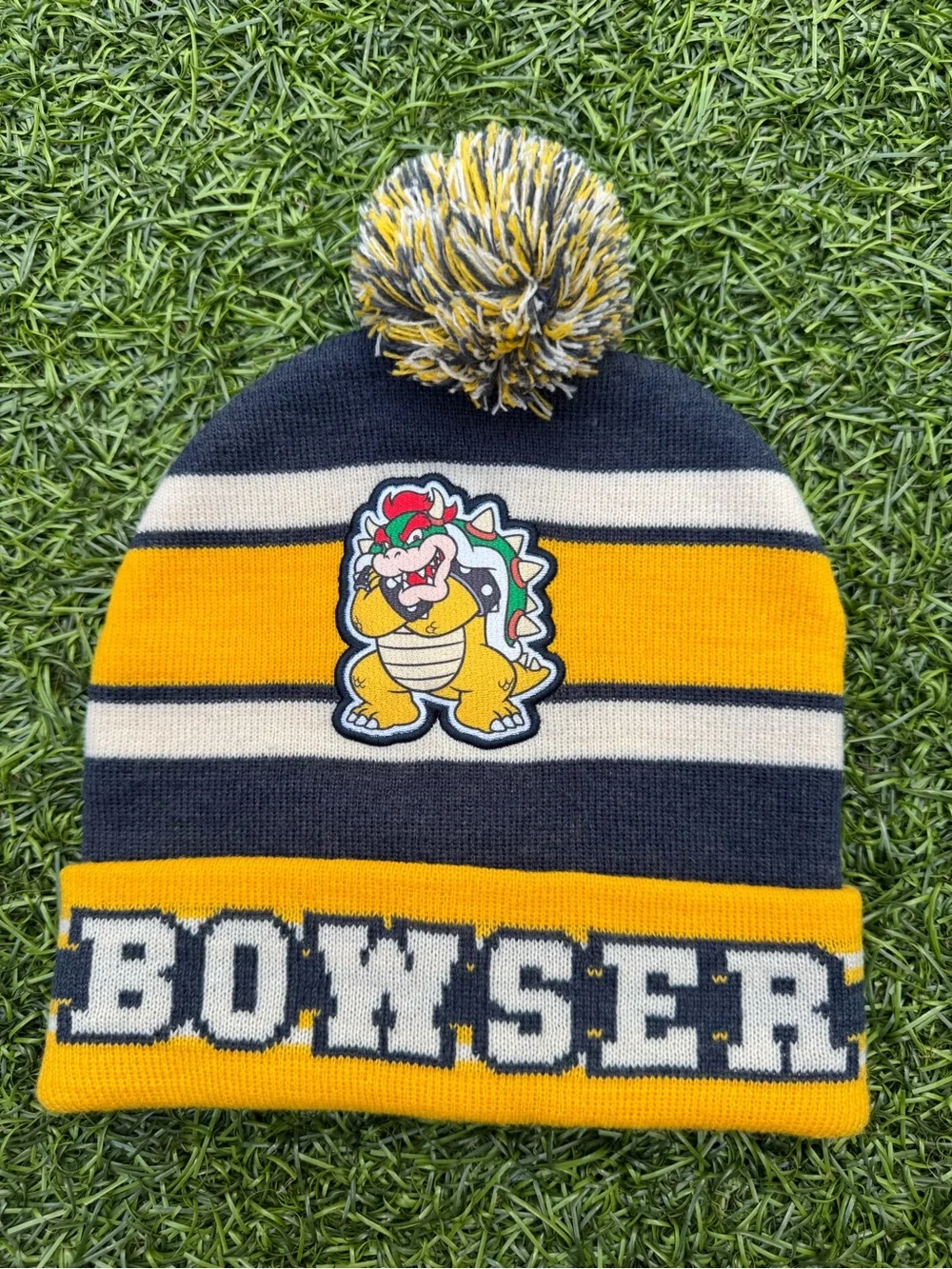 Nintendo Super Mario Bowser Beanie Hat Striped Pom Pom Winter Knit Cap One Size